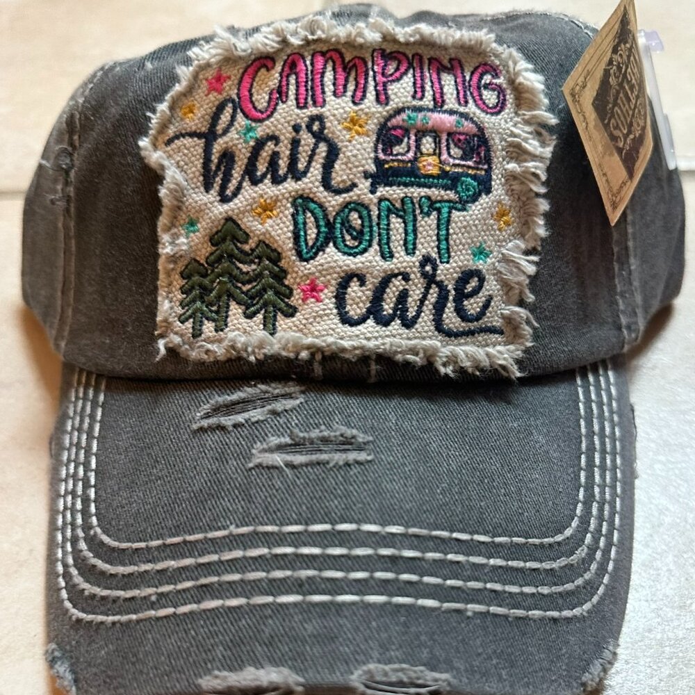 NWT Kbethos Womens Distressed Black camping Hair don't care Baseball Cap